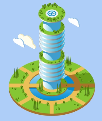 Round shape isometric futuristic skyscrapers background with high rise office building and green zones around vector illustration