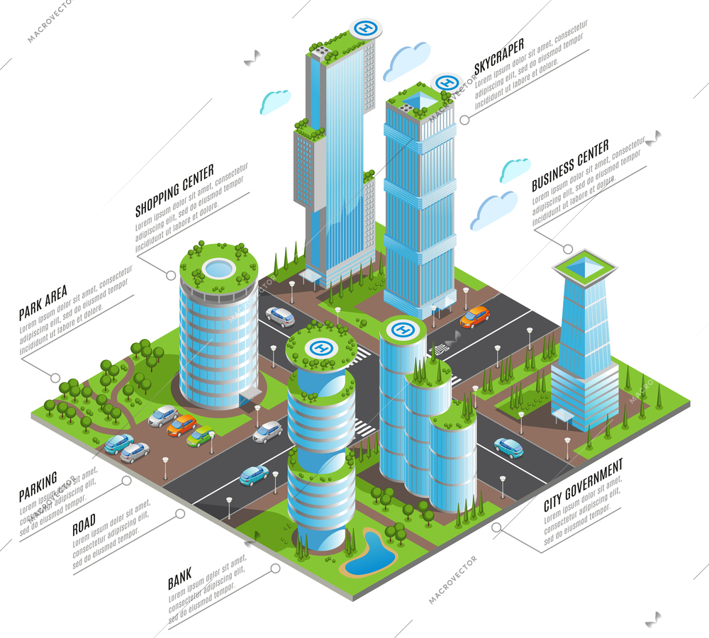 Isometric futuristic skyscrapers infographics with shopping business centers skyscraper and other elements of city vector illustration