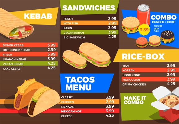 Street food menu composition with sandwiches and fast food symbols isometric vector illustration