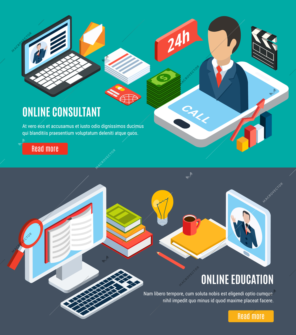 Webinar isometric banner set with online consultant online education headlines and read more buttons vector illustration