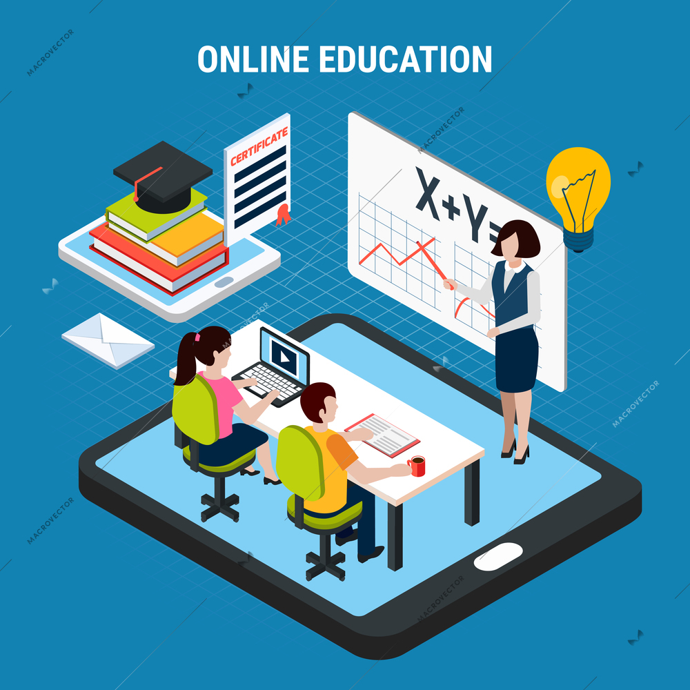 Isometric colored webinar flyer with online education description and two people are trained through a computer vector illustration