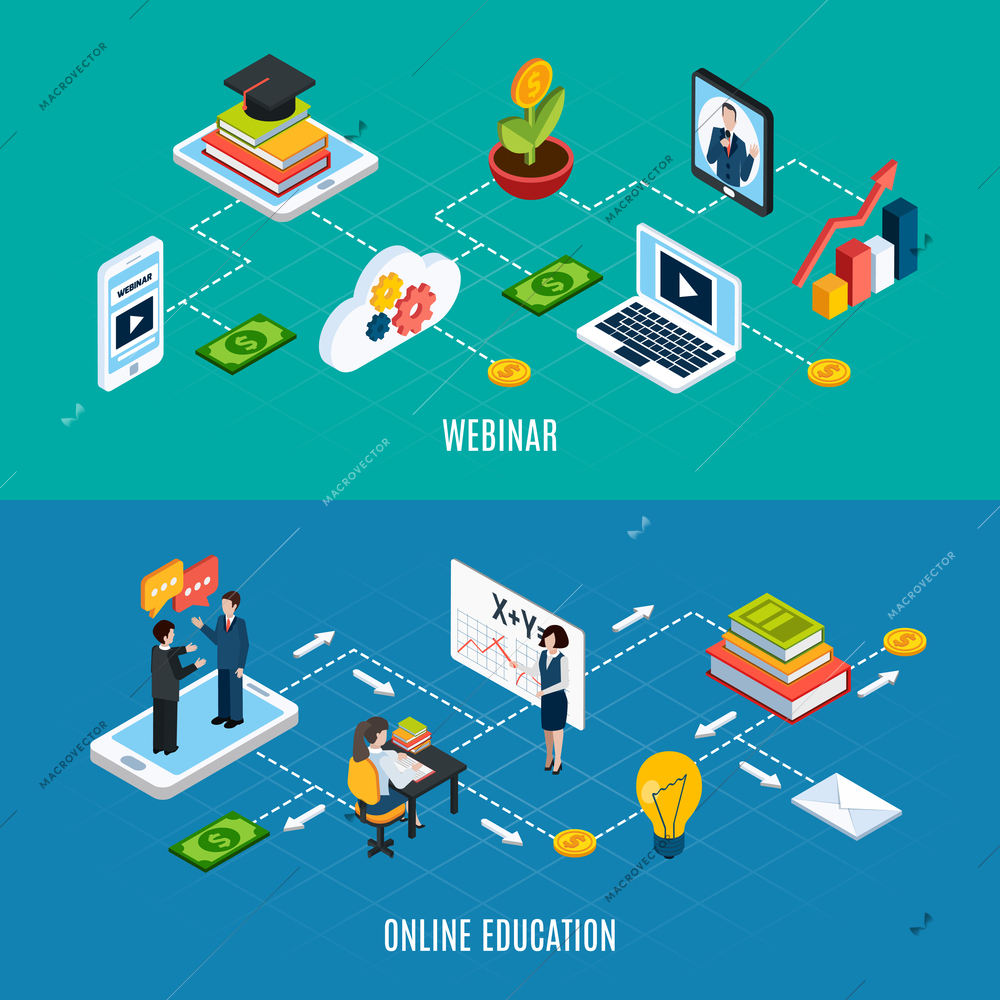 Two horizontal webinar isometric banner set with flowcharts and online education headline vector illustration