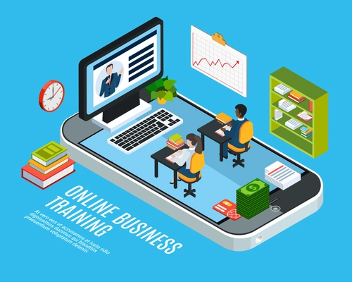 Colored 3d webinar isometric concept with online business training description or headline vector illustration