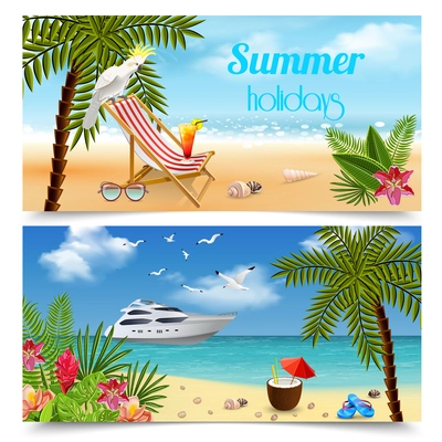 Tropical paradise banners collection with images of summer holidays relaxation by the sea with beach landscapes vector illustration