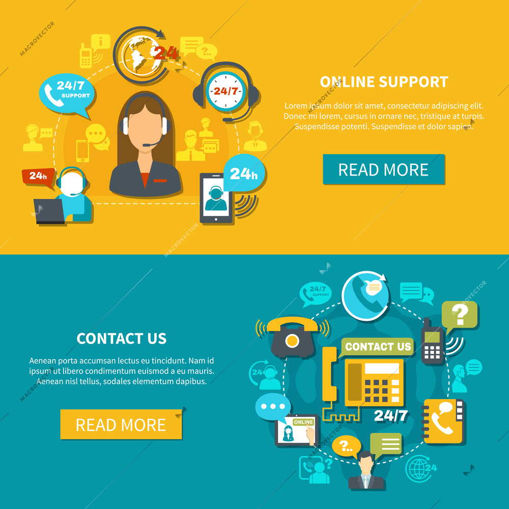 Set of horizontal banners on yellow turquoise background with online support and contact us isolated vector illustration