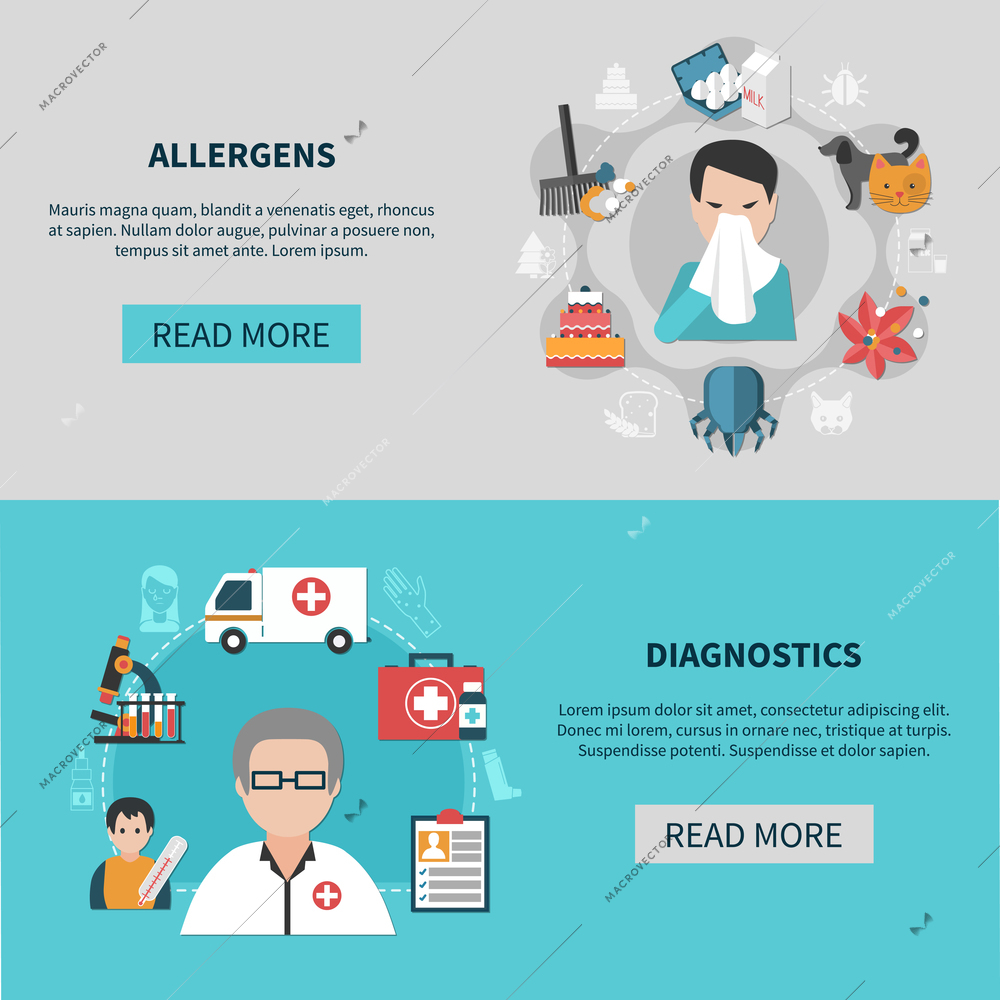 Flat set of horizontal banners with different allergens and allergy diagnostics isolated vector illustration