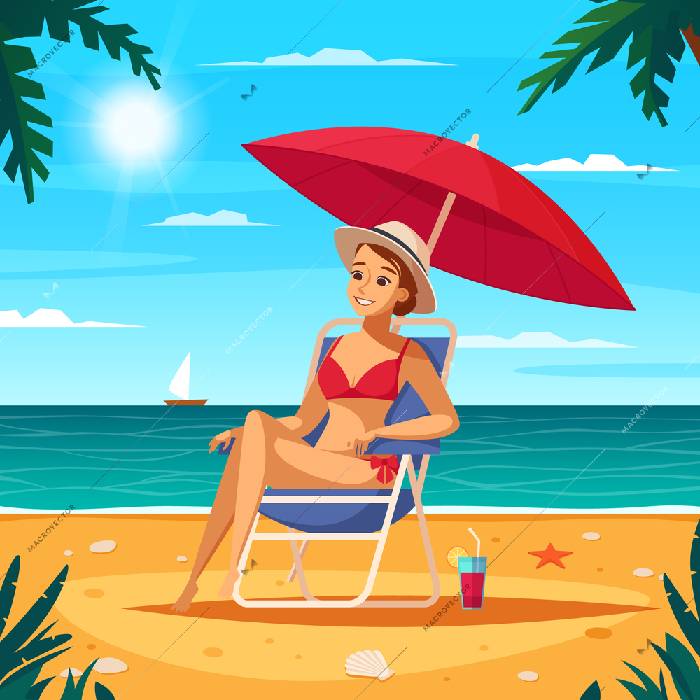 Travel agency cartoon poster with girl in swimsuit sitting in sun lounger under red umbrella at ocean background vector illustration