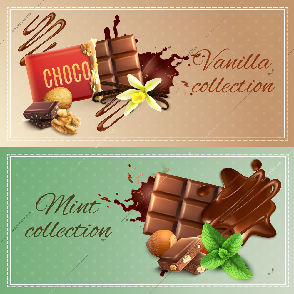 Realistic chocolate with nuts, vanilla and mint banners on textured background with stitched frame isolated vector illustration