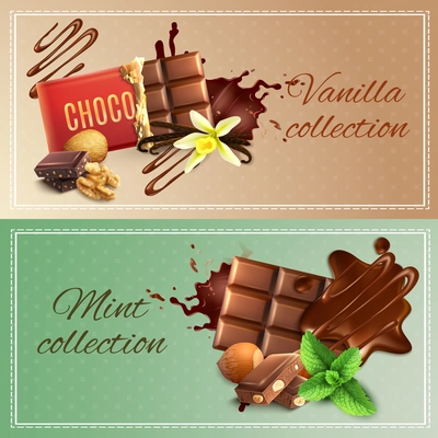 Realistic chocolate with nuts, vanilla and mint banners on textured background with stitched frame isolated vector illustration