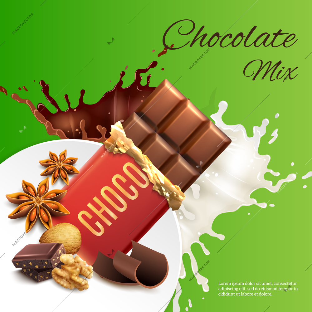 Dark and milk chocolate mix, walnut and anise on white dish, green background realistic vector illustration