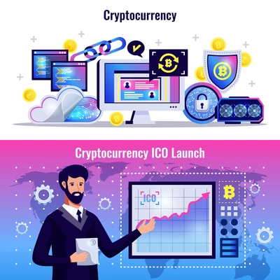 Cryptocurrency horizontal banners with blockchain technology icons and man demonstrating graph of ICO launch flat vector illustration
