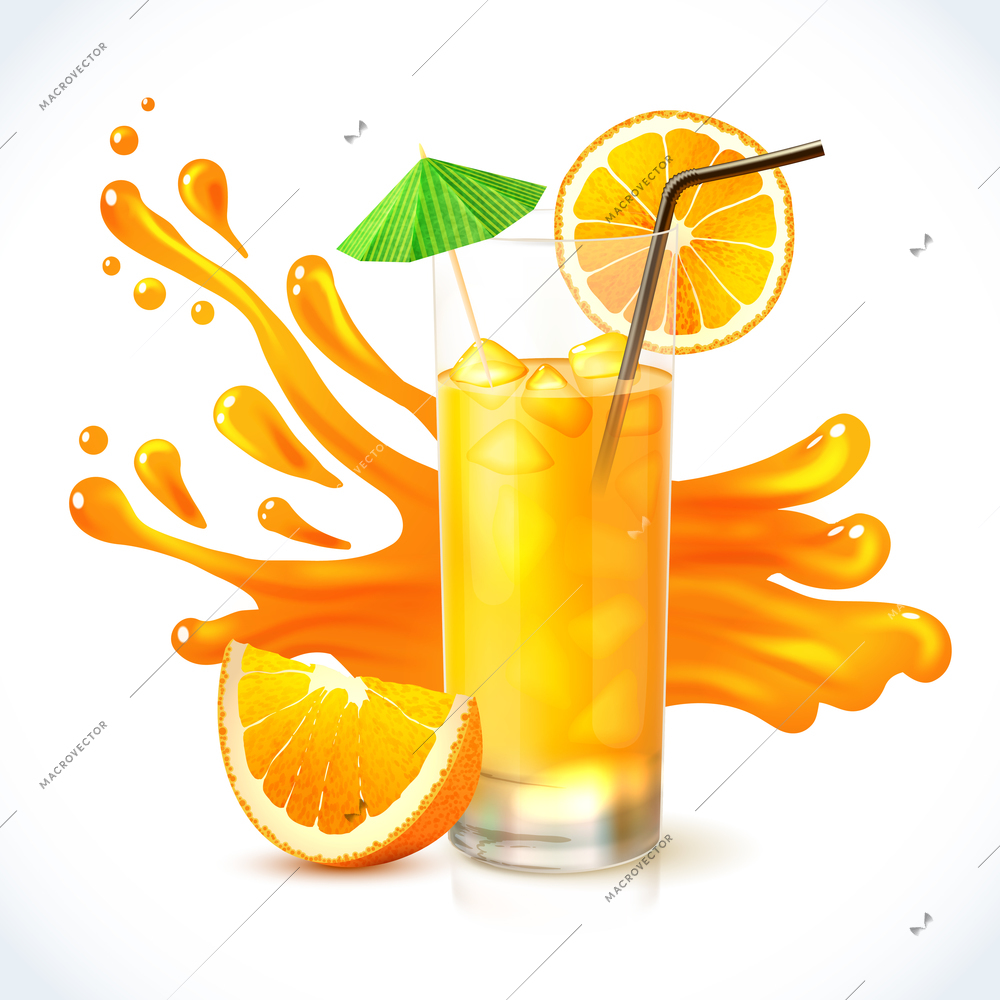 Orange vitamin juice in glass with straw and cocktail umbrella emblem vector illustration