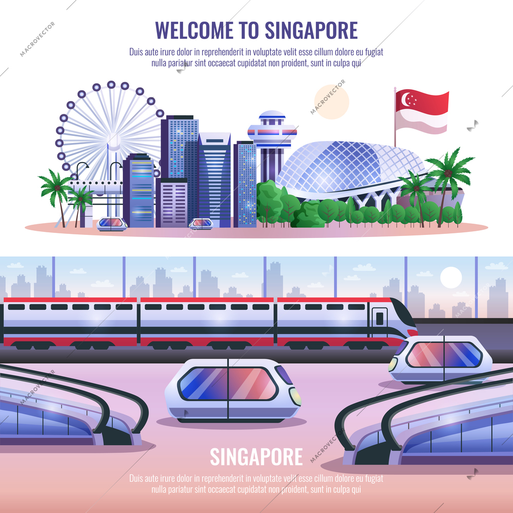 Singapore horizontal banners with modern metropolis architecture and autonomous unmanned vehicles and headline welcome to singapore  vector illustration