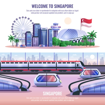 Singapore horizontal banners with modern metropolis architecture and autonomous unmanned vehicles and headline welcome to singapore  vector illustration