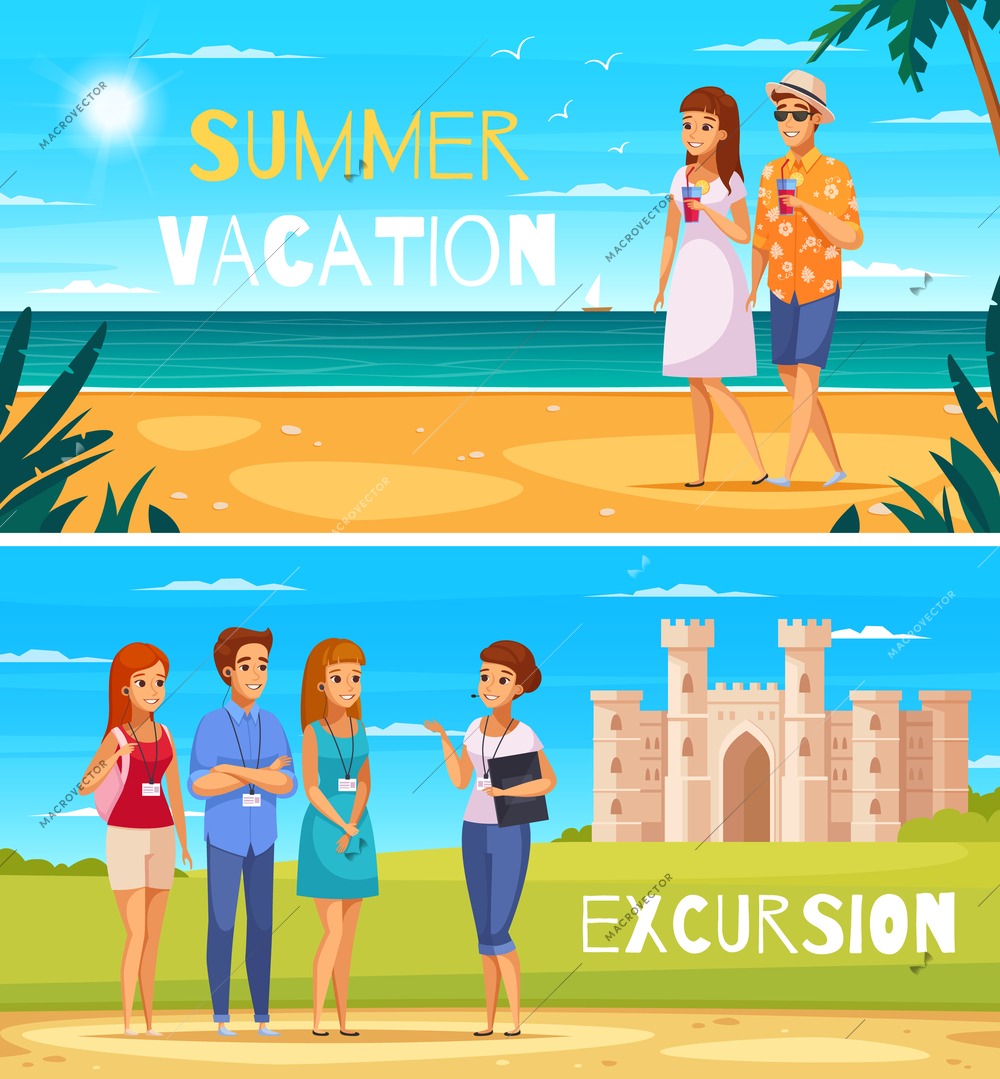 Travel agency two banners with young people walking on summer on beach and listening guide story about historical attractions cartoon vector illustration