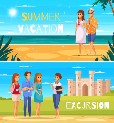 Travel agency two banners with young people walking on summer on beach and listening guide story about historical attractions cartoon vector illustration