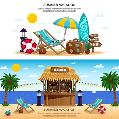 Summer vacation horizontal banners with tropical bungalow bar and set of accessories for beach holiday vector illustration