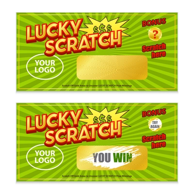 Scratch lottery game card with coating and revealed win 2 realistic horizontal images set isolated vector illustration