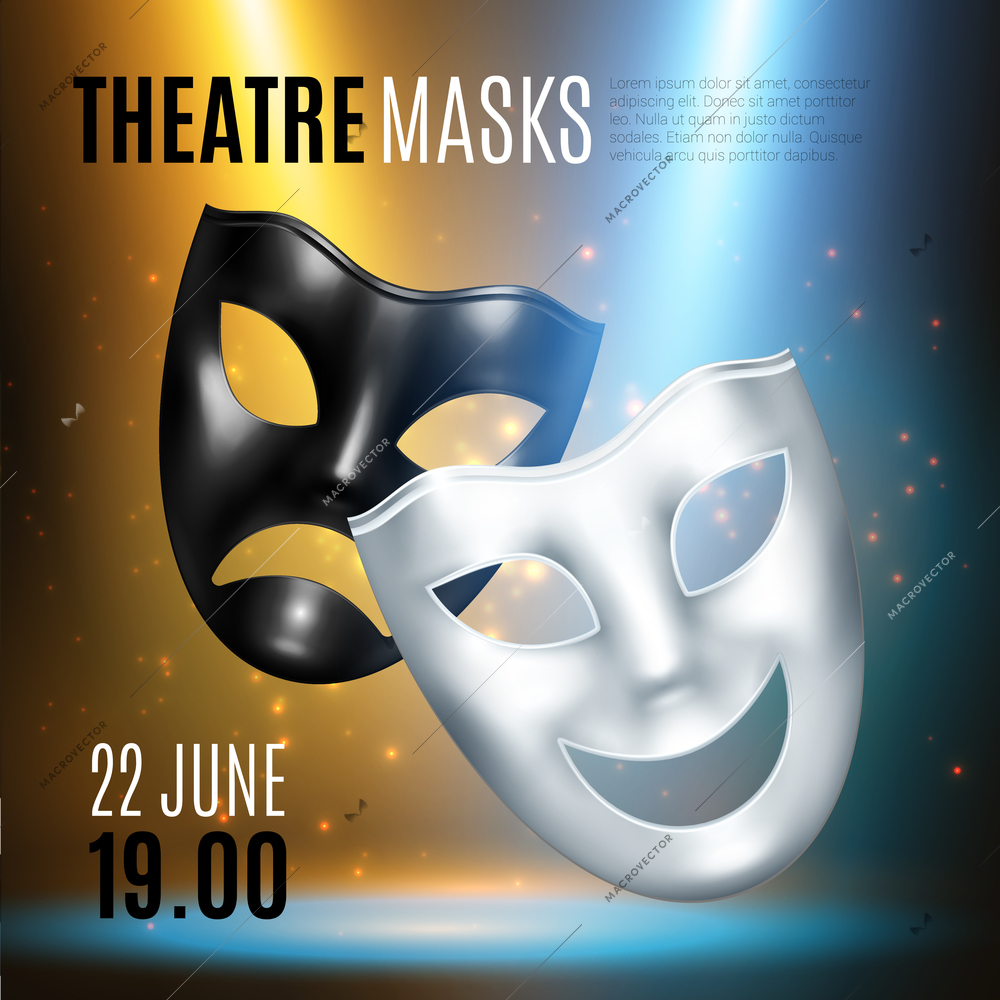 Comedy tragedy masks theatre composition of realistic images editable text captions and blurry background with lights vector illustration