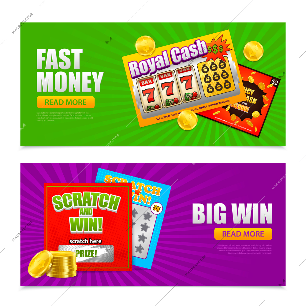 Lottery 2 colorful advertising horizontal  banners design with scratch big win fast money games cards vector illustration
