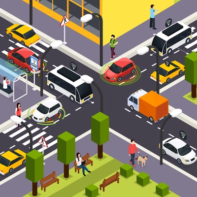 City crossroad isometric background with autonomous driverless cars on road and people walking on the street vector illustration