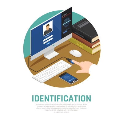 Access identification isometric composition with editable text and view of workplace with computer and fingerprint sensor vector illustration