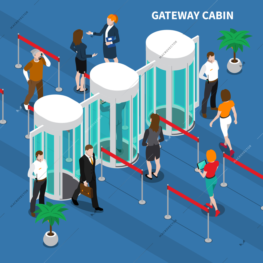 Persons passing through gateway cabin for access identification isometric composition on blue background vector illustration