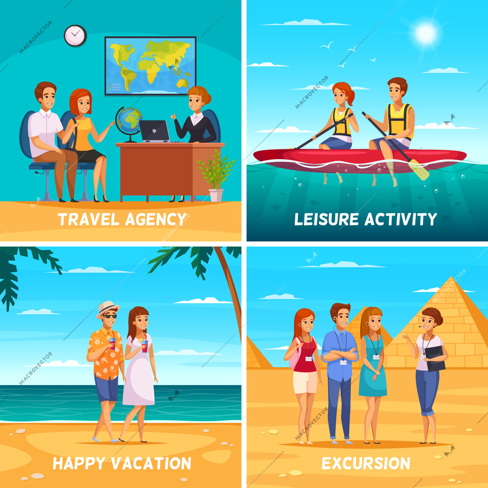 Travel agency 2x2 design concept with young people resting in exotic summer countries cartoon vector illustration