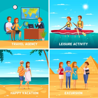 Travel agency 2x2 design concept with young people resting in exotic summer countries cartoon vector illustration