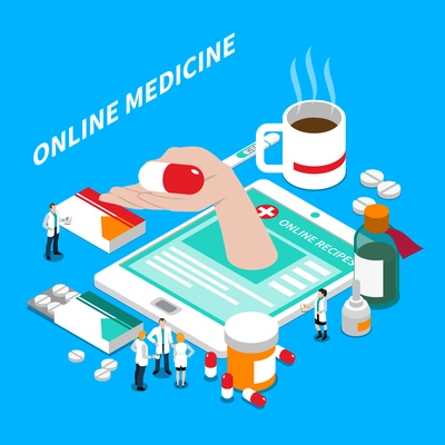 Internet medicine isometric composition with online recipe on mobile device screen, doctors and medication vector illustration