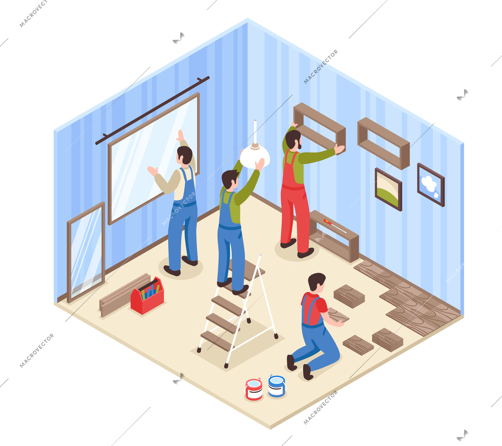 Room repair isometric composition with window installation, floor and electric works, carpentry, interior elements, vector illustration