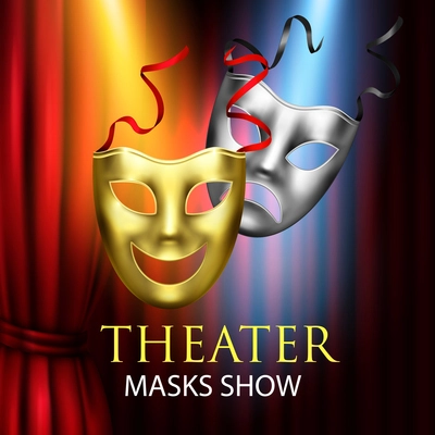 Comedy tragedy masks theatre composition with classic theatrical masks of golden and silver colours with text vector illustration