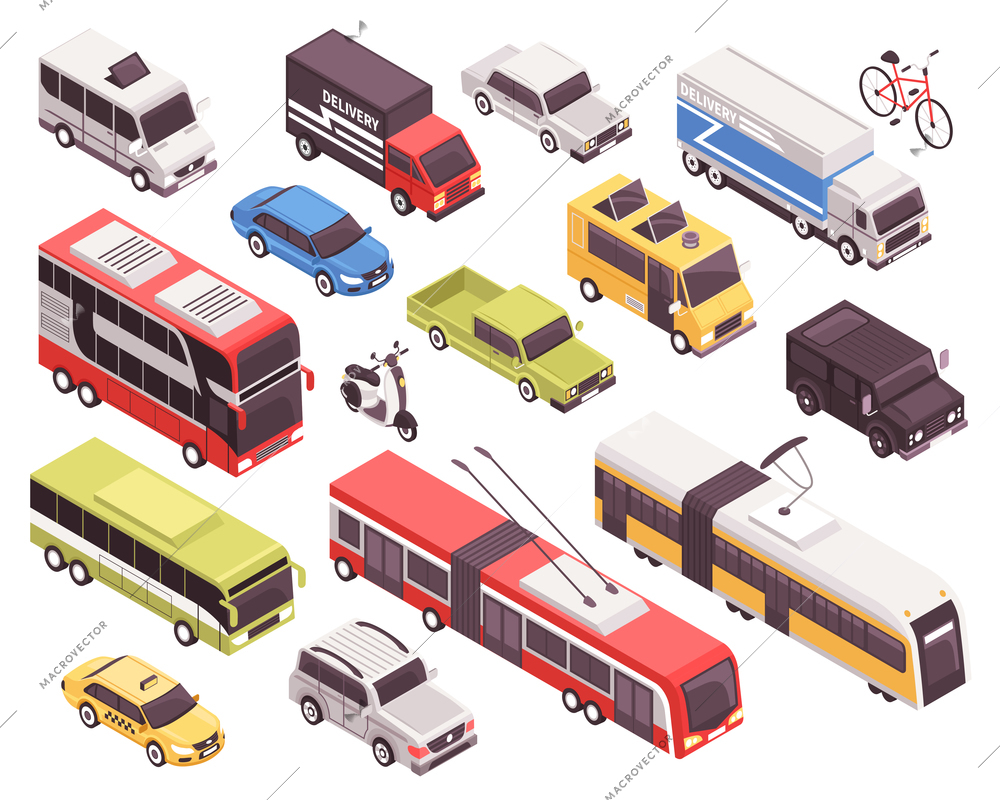 Public transport including bus, trolley, tram, personal vehicles, taxi, trucks, set of isometric icons isolated vector illustration