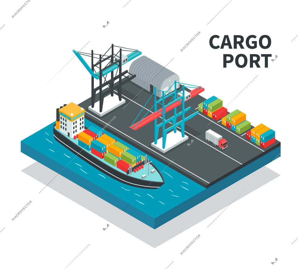 Cargo port with loading facilities, color containers, vessel with freight, truck isometric composition vector illustration