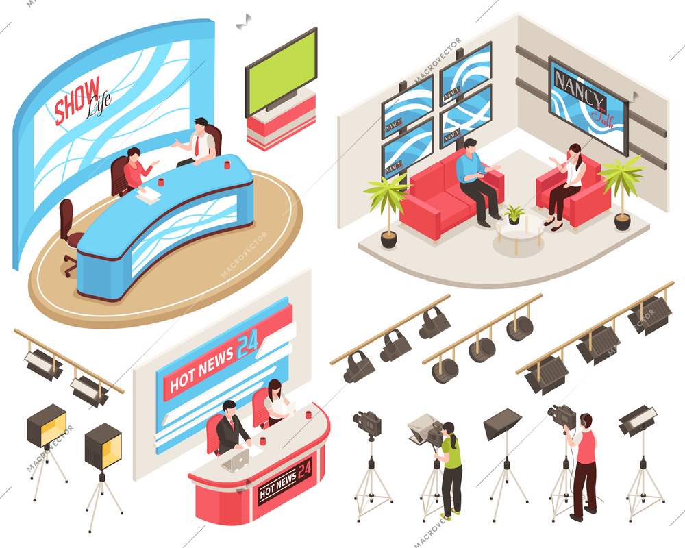 Tv studio of news and show programs, videographers with camcorders, light equipment, isometric set, isolated vector illustration