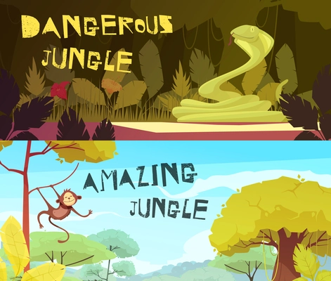 Dangerous and amazing jungle day and night set of horizontal cartoon banners isolated vector illustration