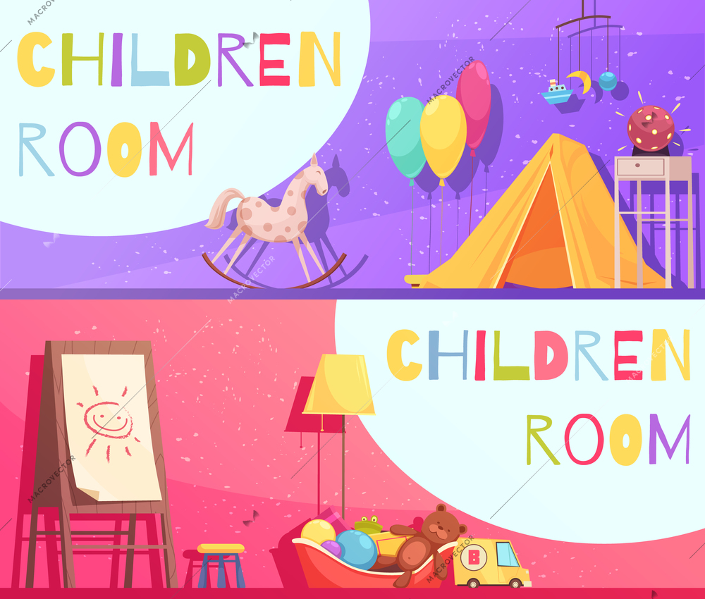 Children room horizontal cartoon banners on pink and violet background with interior elements isolated vector illustration