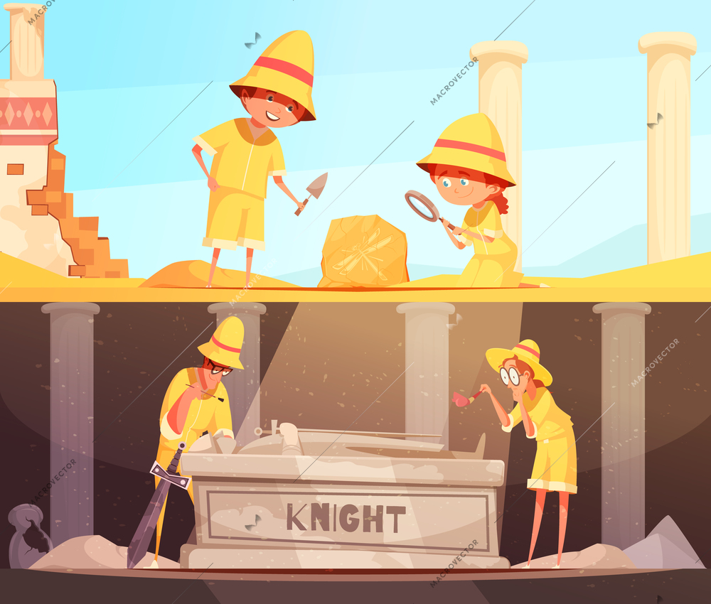 Archeology set of horizontal banners research of fossil and study of tomb of knight isolated vector illustration