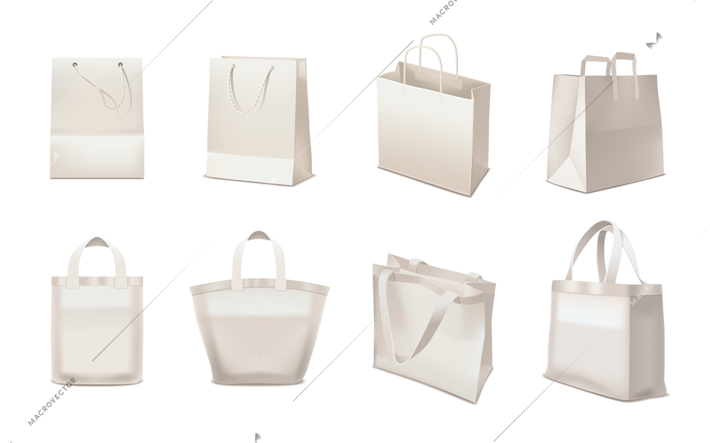 Realistic set of shopping bags made from light beige paper isolated on white background isolated vector illustration