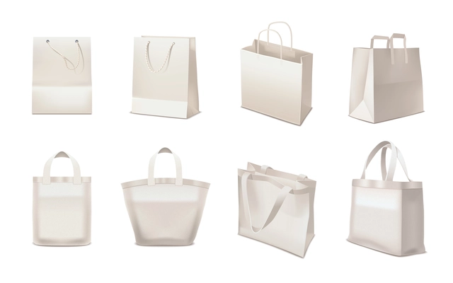 Realistic set of shopping bags made from light beige paper isolated on white background isolated vector illustration