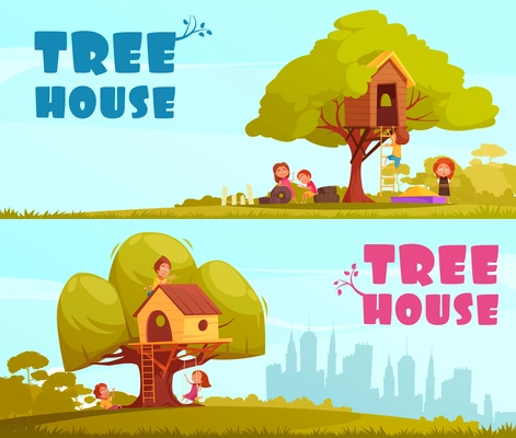 Tree house with children on blue sky background set of horizontal cartoon banners isolated vector illustration