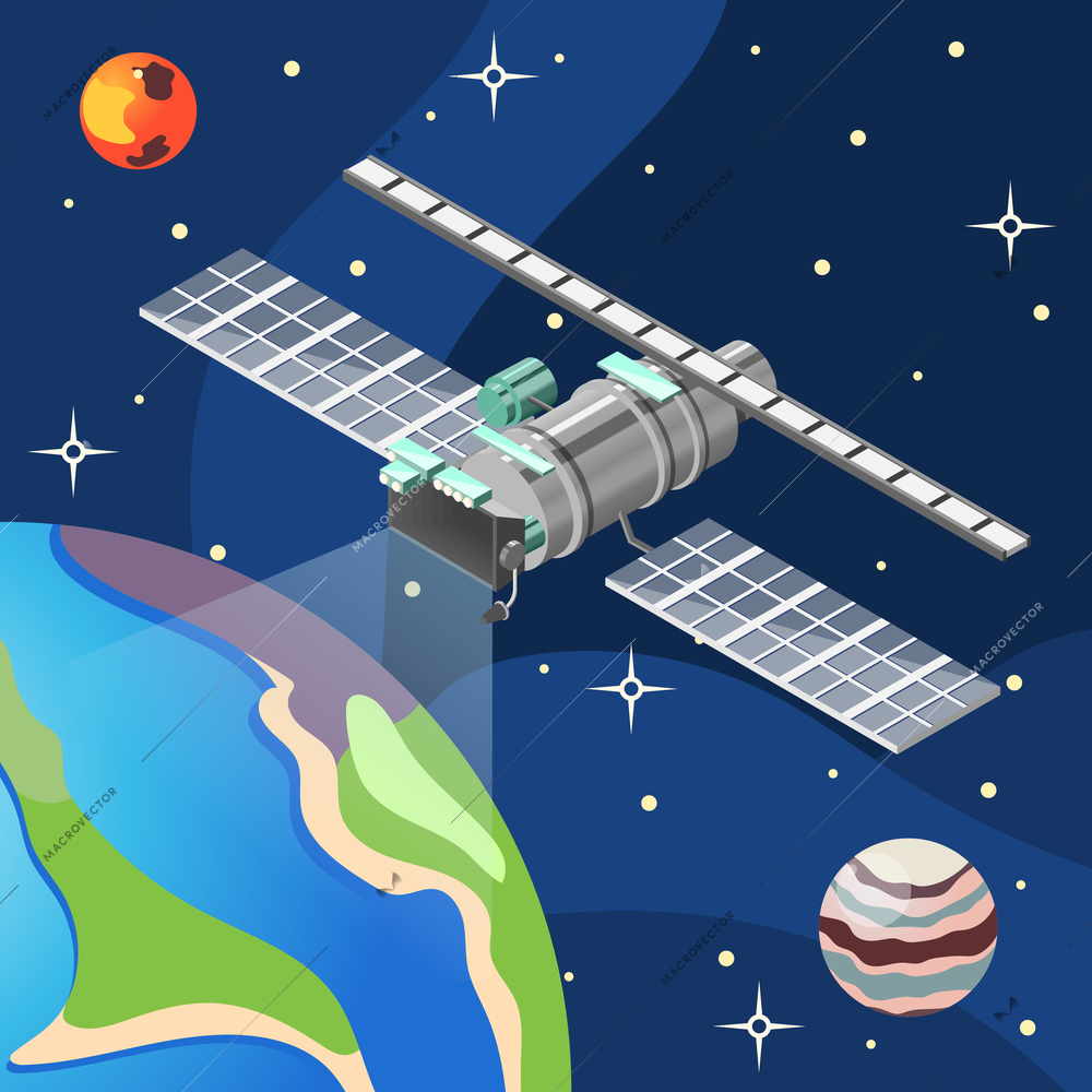 Weather satellite with meteorology equipment in space, dark background with earth, planets and stars, isometric vector illustration