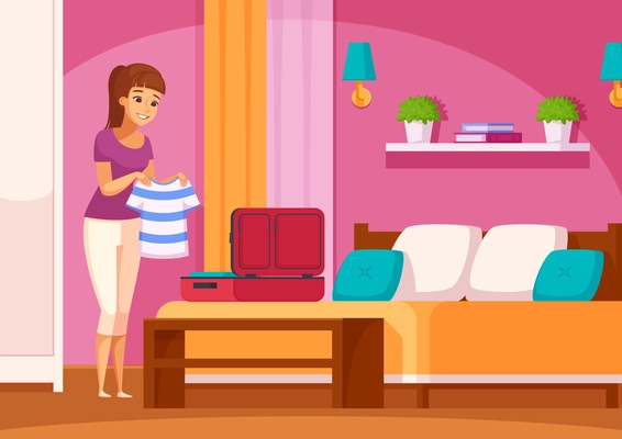 Travel agency cartoon composition with young woman in home interior preparing for summer trip putting clothes in suitcase vector illustration