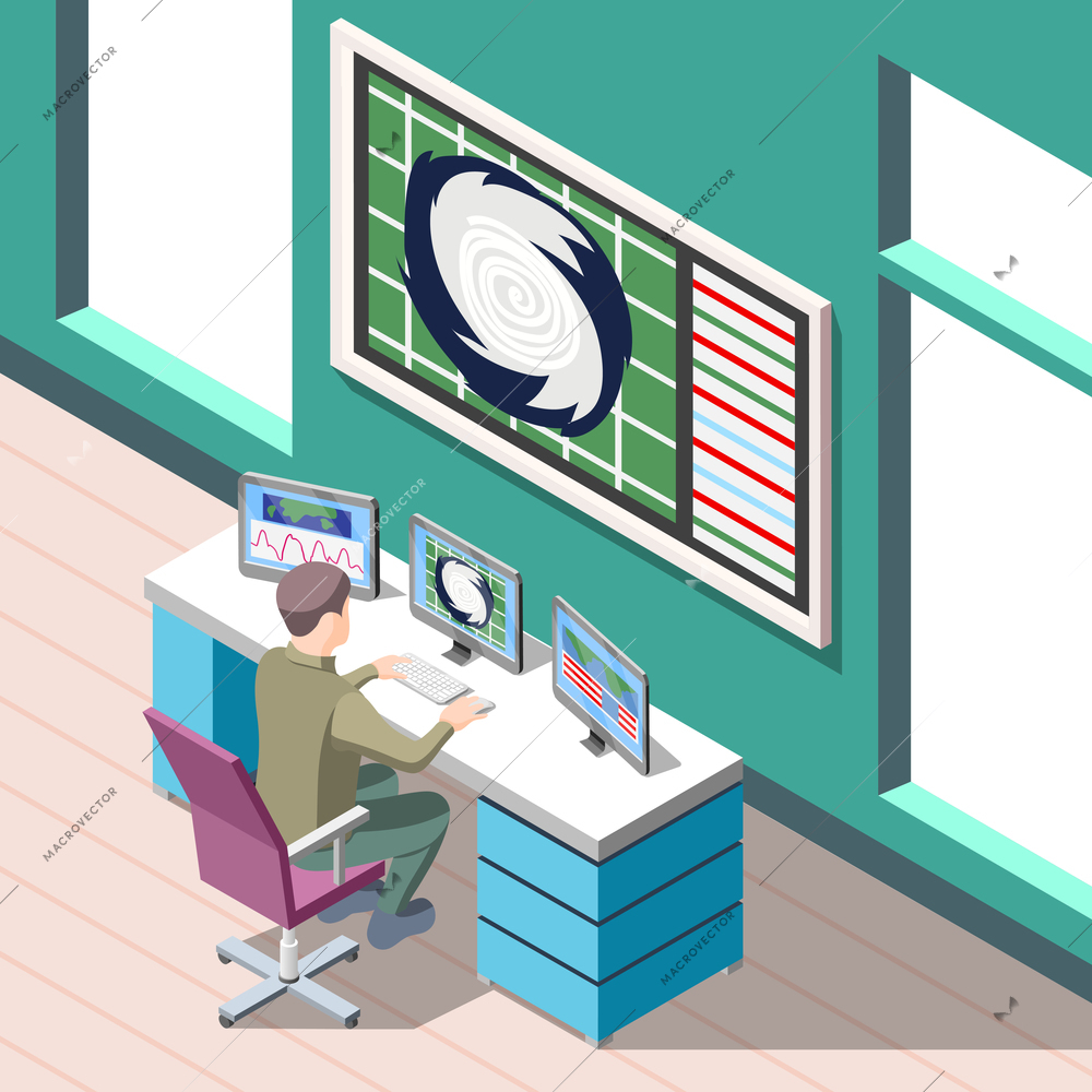 Weather forecaster at work place during research climate conditions isometric background with interior elements vector illustration