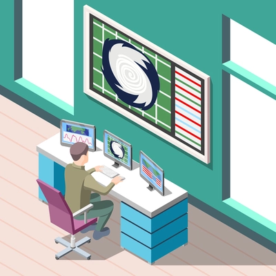 Weather forecaster at work place during research climate conditions isometric background with interior elements vector illustration