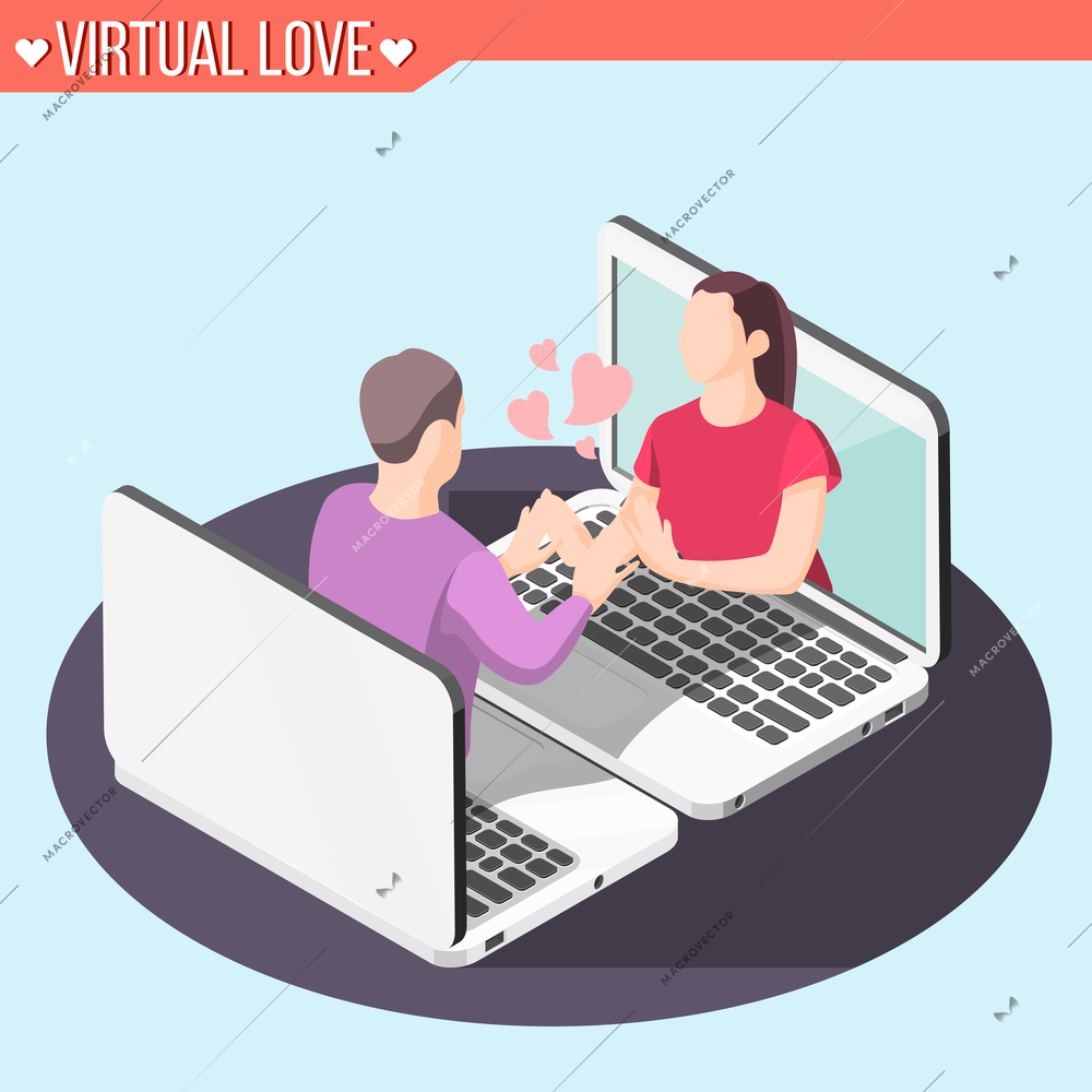 Virtual love isometric background with man and woman during romantic relationships in internet space vector illustration
