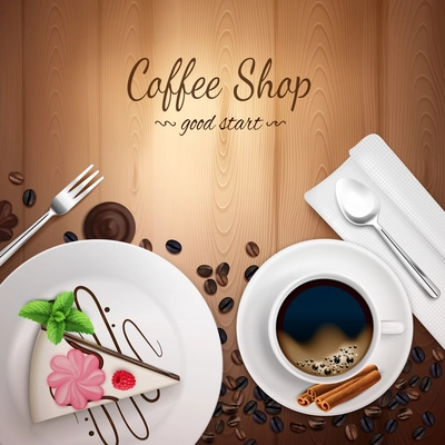 Coffee shop top view realistic background with images of wooden table plates and cups with text vector illustration