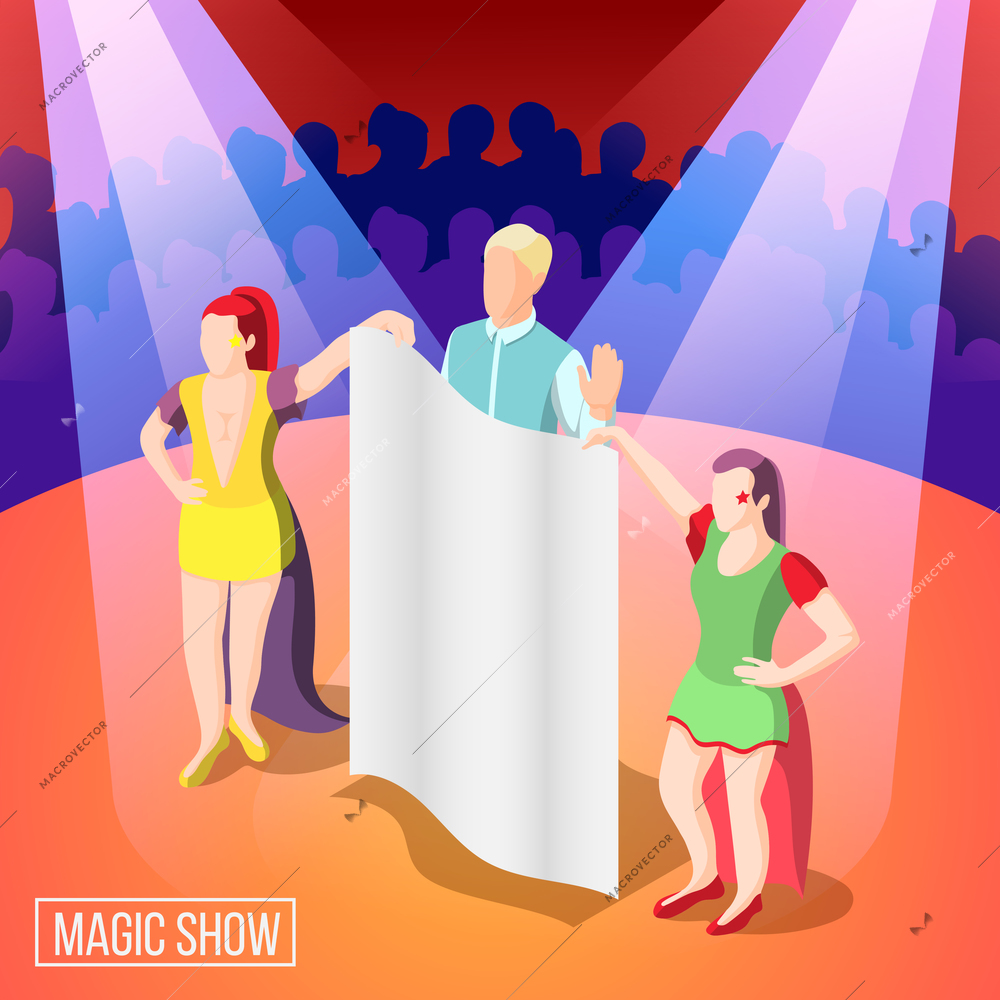 Magic show isometric background, illusionist behind curtain under light rays on stage with viewers vector illustration