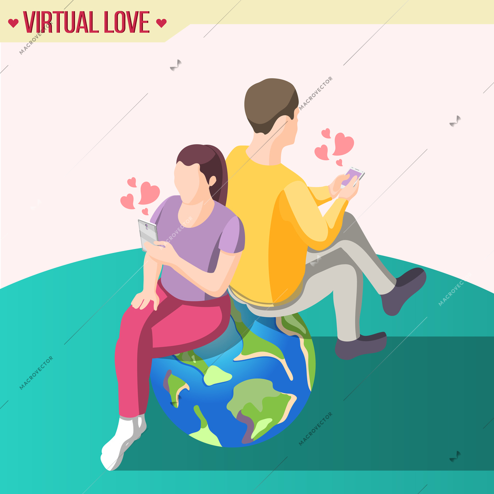 Love across continents isometric composition, woman and man during romantic chat sitting on globe vector illustration