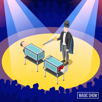 Magic trick on stage with audience, sawing of box with assistant isometric background vector illustration